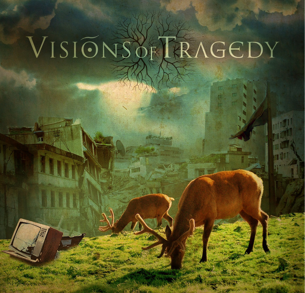Cover of the album visions of tragedy. Dystopic city with deer grazing.