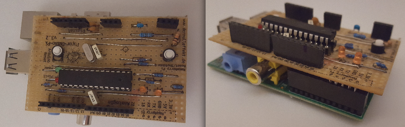 Paperduino Pi, a custom Arduino board on the top of a Raspberri Pi.